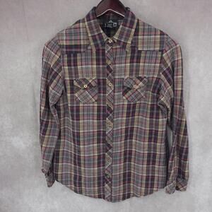 Angie Top Womens Large Plaid Button Up Flannel Long Sleeve Cotton